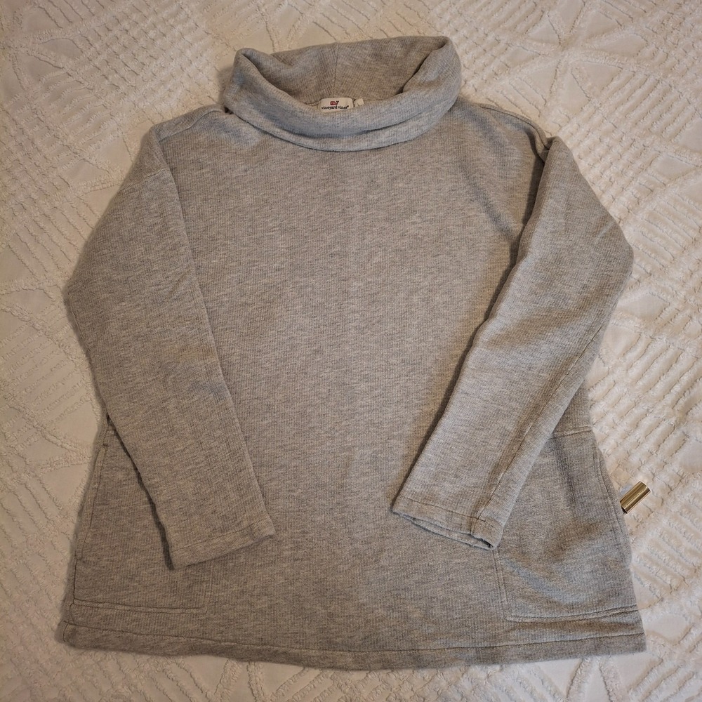 Vineyard Vines Women Large Sweater Gray Cotton Funnel Neck Pockets Drop Shoulder